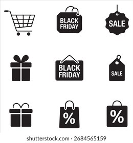 Black Friday Arte vectorial Icono Pack Icono Set Venda Anuncio Silueta Arte Negro y Blanco Backgroent 