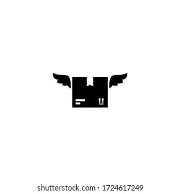 Balck parcel with wings icon isolated on white. Fast delivery concept. Online order. box, package, transportation, container. Receive, send and transfer products.  Vector flat illustration