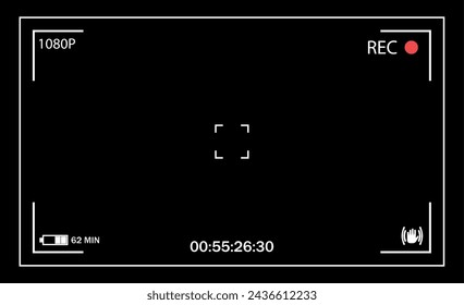 Balck user interface of camera viewfinder. Focusing screen in the center of camera in recording time. battery status, video quality, Image stabilization icons. vector illustration