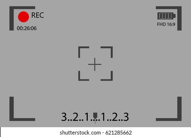 Balck user interface of camera viewfinder. Focusing screen in the center of camera in recording time. battery status, video quality, Image stabilization icons. vector illustration