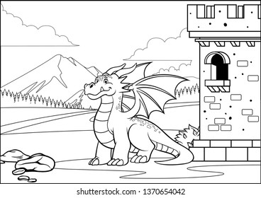 balck and white coloring page dragon in the castle with cartoon 