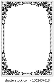Balck and white frame border, decorated with floral elements. Simple line art graphic content