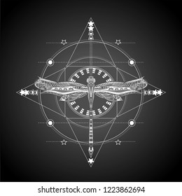 Balck and white geometric pattern with drawing stylized dragonfly.