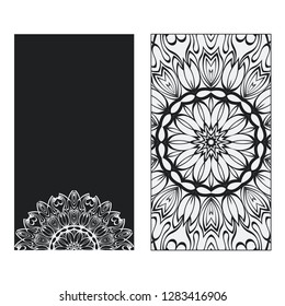 Balck, white two flyer pages ornament illustration concept. Art traditional, Islam, Arabic, Indian, magazine, elements with mandala. Vector greeting card or invitation layout design.
