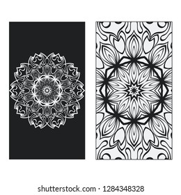 Balck, white two flyer pages ornament illustration concept. Art traditional, Islam, Arabic, Indian, magazine, elements with mandala. Vector greeting card or invitation layout design.