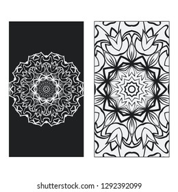 Balck, white two flyer pages ornament illustration concept. Art traditional, Islam, Arabic, Indian, magazine, elements with mandala. Vector greeting card or invitation layout design.