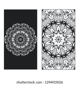 Balck, white two flyer pages ornament illustration concept. Art traditional, Islam, Arabic, Indian, magazine, elements with mandala. Vector greeting card or invitation layout design.