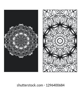 Balck, white two flyer pages ornament illustration concept. Art traditional, Islam, Arabic, Indian, magazine, elements with mandala. Vector greeting card or invitation layout design.