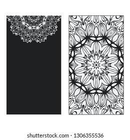 Balck, white two flyer pages ornament illustration concept. Art traditional, Islam, Arabic, Indian, magazine, elements with mandala. Vector greeting card or invitation layout design.