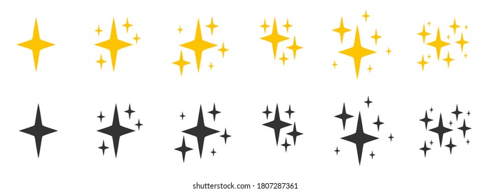 Balck and yellow flat sparkles symbols icon set. Silhouette of glitter bright different shape, burst firework glowing light effect. Decoration starry twinkle shiny flash. Isolated vector illustration