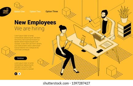 Balck and yellow isometric employee hiring interview concept  with man and woman people characters. Flat design  template for infographics, web design, banner, poster and mobile app. 