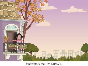 Balconie with cartoon girl. Children at window looking at the city.