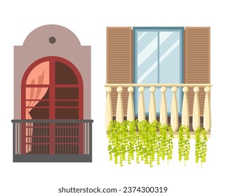 Balconies architectural and aesthetic value of building. Decorative architectural feature and ornamental ledges. Classic design adding elegance and charm to house or apartment. Vector in flat style