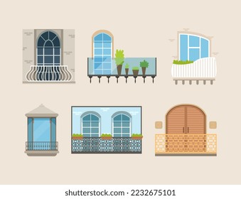 Balconies with doors and windows set. Classic, retro, modern house facade exterior elements flat vector