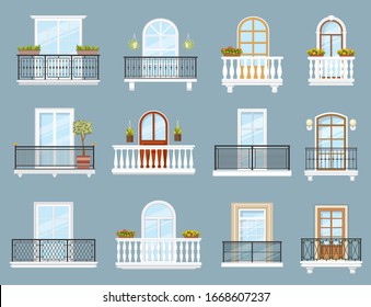 Balconies of house or apartment building vector design of architecture elements. Home facade balconies with windows, doors and railings, iron and stone balustrades with glass, flower cachepots, lamps svg