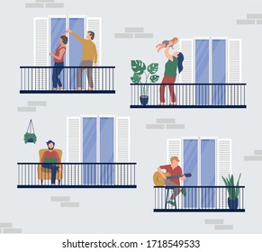 Balconies with people during quarantine. Covid-19 quarantine stay home concept. Coronavirus concept. Keep your distance. Elderly people dance on the balcony. The guy plays the guitar on the balcony. 
