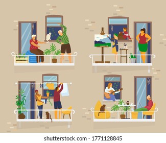 Balconies With People  During Quarantine. Neighbours On Socail Isolation. Senior Couple Doing Exercises, Girl Painting, Couple Doing Laundry, Playing Guitar, Working.Flat Vector Illustration. 