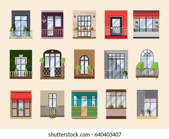 Balconies set. Collection with building facade elements in vintage and modern style. vector flat illustration. 