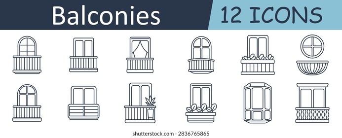 Balconies set icon. Arched frontage, residential terrace, curtained opening, decorative planter, circular ledge, architectural facade, ornamental railing, flower container, bay projection, elegant exterior