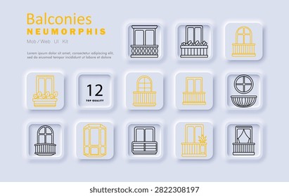 Balconies set icon. Flower planter, curved opening, decorative balustrade, bay projection, circular frame, residential frontage, ornamental terrace, apartment feature, architectural styling