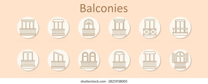 Balconies set icon. Residential facade, awning terrace, arched opening, classical railing, decorative frontage, apartment exterior, sliding doorway, twin windows, architectural detail, covered