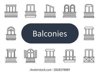 Balconies set icon. Residential facade, railing structure, sliding doors, arched window, decorative balustrade, awning cover, shutters, terrace architecture, exterior design, apartment frontage.