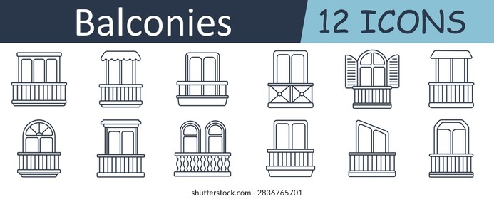 Balconies set icon. Residential facade, decorative railing, fabric awning, glazed doorway, geometric balustrade, shuttered opening, terrace frontage, arched structure, ornamental fence