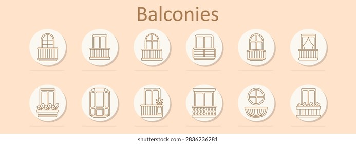 Balconies set icon. Rounded opening, French terrace, ornamental frontage, enclosed railing, curtained view, flower box, bay structure, potted greenery, decorative balustrade, circular frame, residential