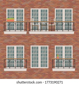 Balconies set on brick wall vector illustration
