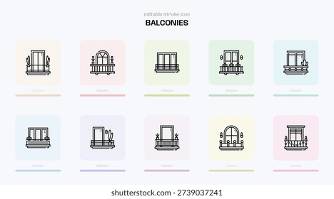 BALCONIES stroke icon. BALCONIES line icon set. editable stroke icon pack. Line, Thin, Linear Style Icon Bundle. Fully Customizable