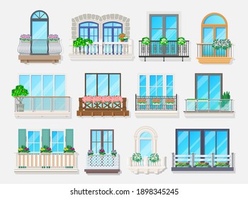 Balconies with windows vector design of house and apartment building facade architecture element. Home exterior with balconies, glass doors, metal banisters or railings, stone balustrades, consoles svg