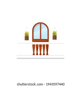 Balcony with arch doorway, flower cachepots and marble balustrades and railings isolated icon. Vector Italian balcony, fence with pillars, window. Spanish or Mexican balcony with flower pots