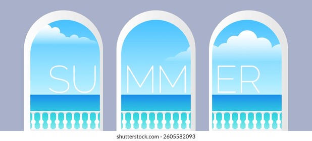 balcony arch windows view with balustrade sky sea summer background vector illustration