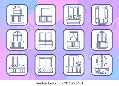 Balcony architecture set icon. Arched opening, rectangular facade, planter arrangement, bay projection, curved aperture, shuttered frontage, draped terrace, ornamental railing, flower box
