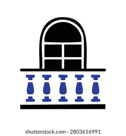 Balcony with blue balusters and arched window on white background