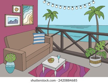 Balcony by the sea graphic color interior sketch illustration vector