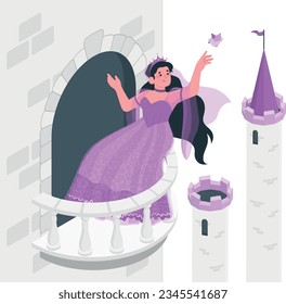 balcony castle contains a  Disney princess wearing purple dress enjoying air and butterfly vector illustration svg