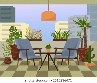 Balcony of a city house. Terrace of a house with green plants. Two armchairs and a coffee table. Flowers and boxes for seedlings. Place for rest. Vector illustration