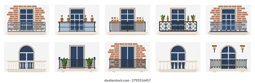 Balcony collection in flat architectural style. Various residential balconies with railings, windows, flowers and decorative facades