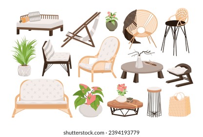 Balcony cozy modern furniture set vector illustration. Cartoon isolated boho lounge interior collection with summer flowers and green plants in pot, wood chair and table, hygge rattan armchair