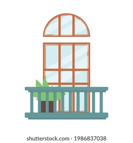 Balcony decor with wooden doorway entrance and plant in pot, flat cartoon vector illustration isolated on white background. Empty building architecture element.