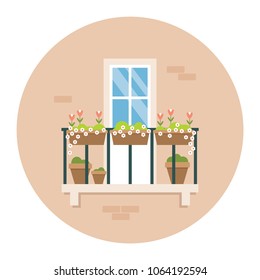 Balcony decorated with flowers building facade flat vector icon