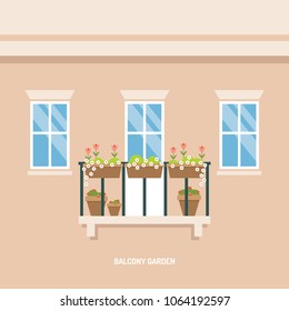 Balcony decorated with flowers building facade flat vector illustration