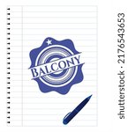 Balcony emblem drawn with pen. Blue ink. Vector Illustration. Detailed. 