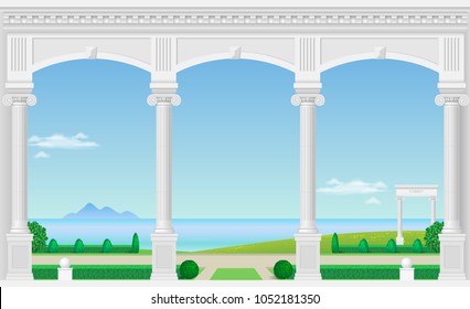 Balcony of a fabulous palace in classical style with a view of the sea landscape. Vector graphics