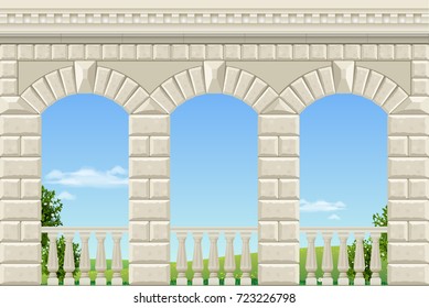 Balcony of a fabulous palace in classical style with a view of the green landscape. Vector graphics