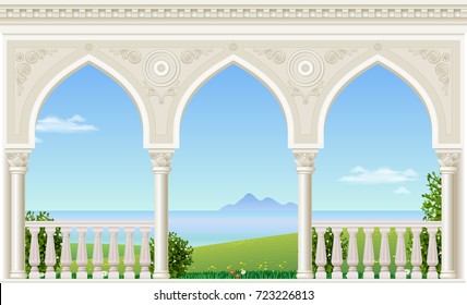 Balcony of a fabulous palace in classical style with a view of the sea landscape. Vector graphics