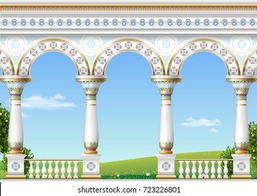 Balcony of a fabulous palace in eastern classical style with a view of the green landscape. Vector graphics