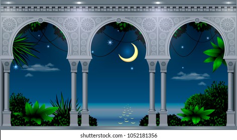 A balcony of a fabulous palace in oriental style with a view of the tropical night landscape. Vector graphics