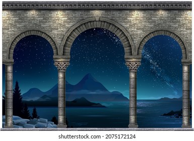 A balcony of a fabulous palace in oriental style with a view of the tropical night landscape. Vector graphics